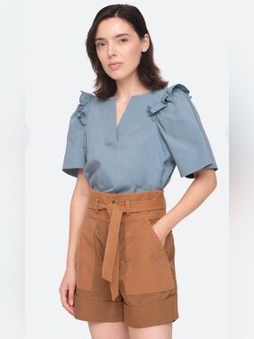 Sea New York Tabitha Top Blue Ruffle Sleeve Cotton Blouse Sz 8